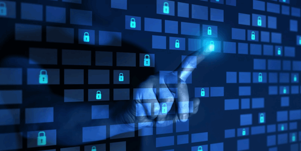 A hand touches a digital screen with glowing padlock icons and rectangles