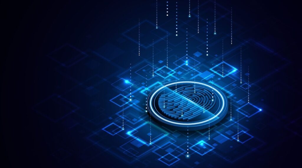 Futuristic digital fingerprint scan on a dark background