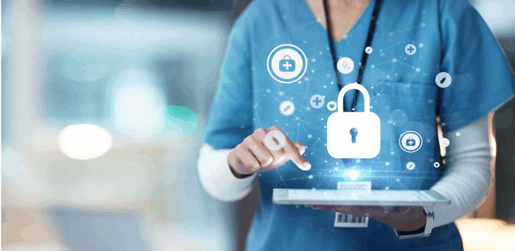 A healthcare professional in blue scrubs uses a digital tablet with a glowing security padlock icon