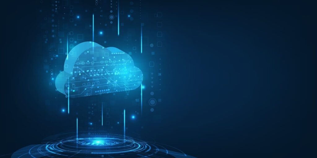Futuristic digital cloud graphic on a blue background with glowing binary code and lines