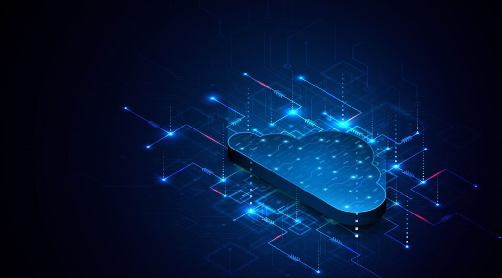 Futuristic blue cloud shape with digital circuit lines and glowing data points on a dark background