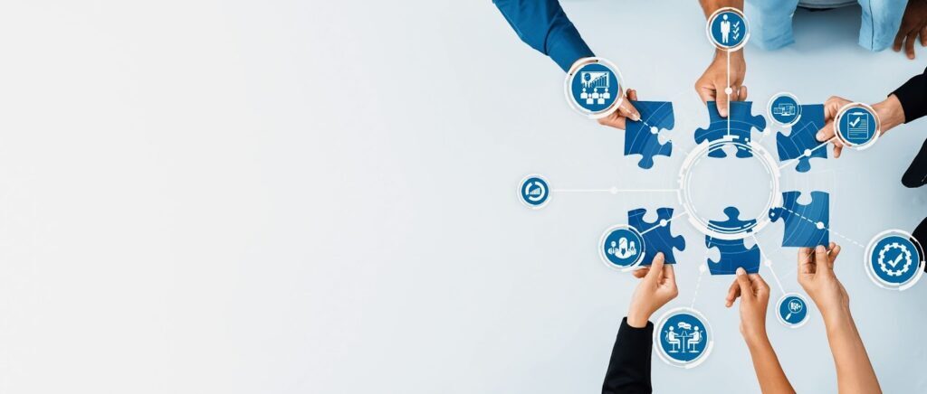 Hands hold blue puzzle pieces with business icons, symbolizing teamwork and collaboration on a light background.