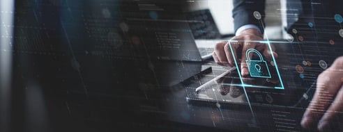 Business professional interacting with a virtual lock icon on a laptop, representing secure virtualization and protected application delivery.