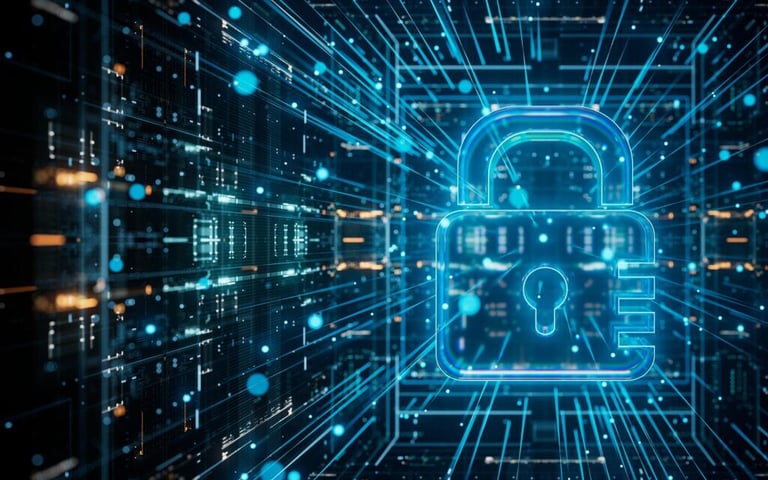 A glowing blue padlock symbolizes cybersecurity amid a digital grid of interconnected lines and data patterns