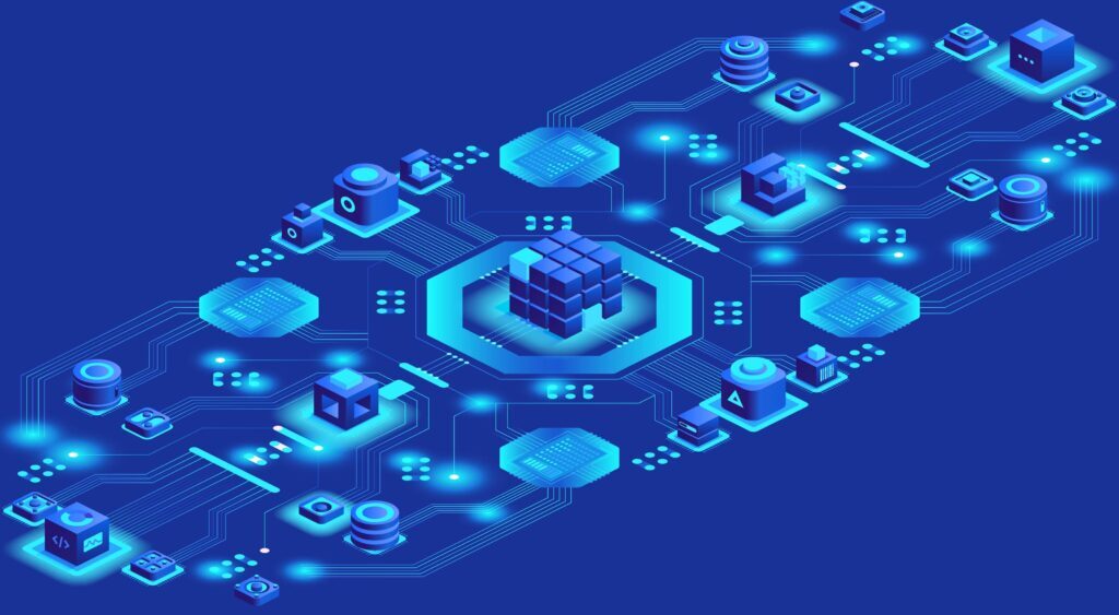 Futuristic digital network illustration with glowing blue geometric shapes