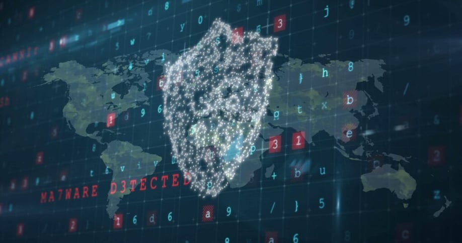  Digital world map with glowing shield overlay, binary code, and the text "Malware Detected."