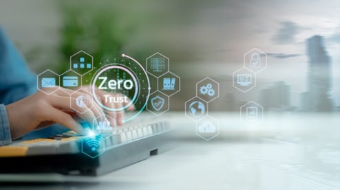 Person typing on keyboard with floating 'Zero Trust' cybersecurity icons, representing secure access and modern digital protection strategies.
