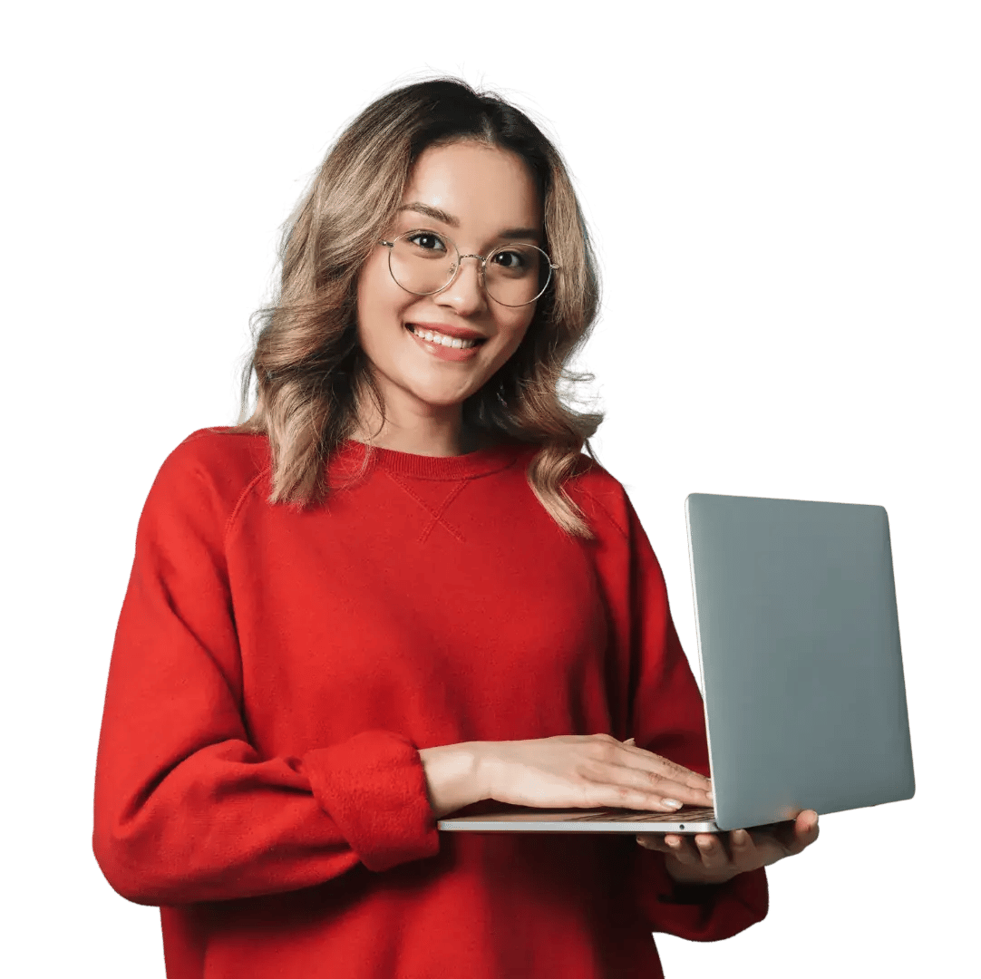 a person in a red sweater holding this laptop