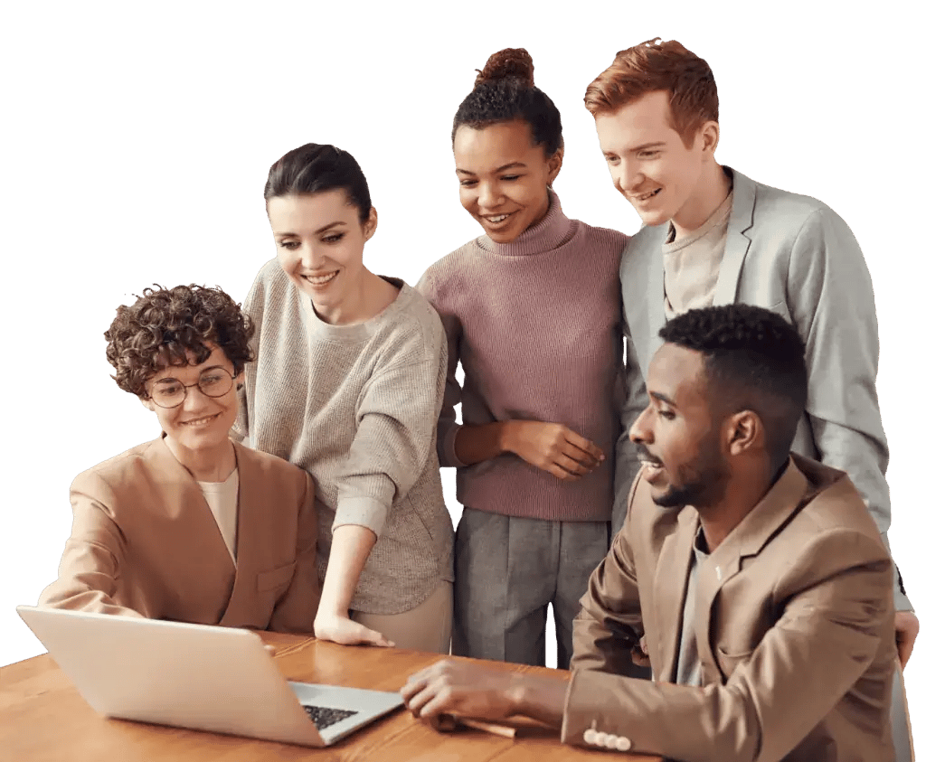 a group of professional individuals looking at a laptop