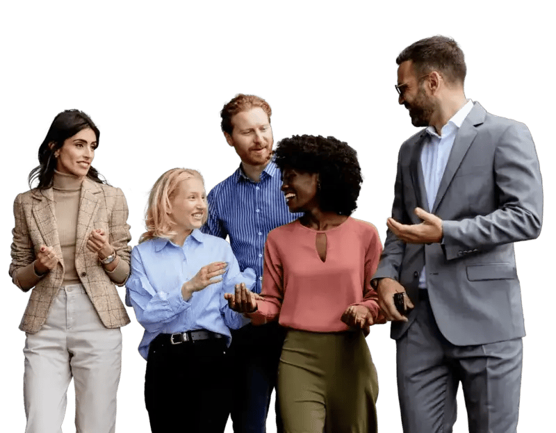 A group of professional individuals walking and talking